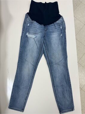1822 Denim Maternity Light Blue Distressed Skinny Jeans with Black Overband S=29